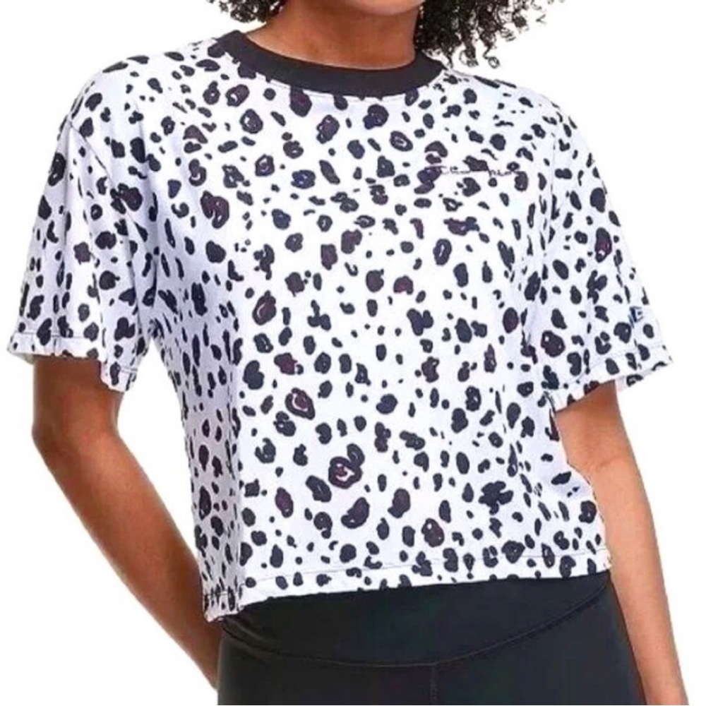 NWT CHAMPION Short Sleeve Crop T--Shirt White/Black Cheetah Print L